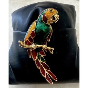 Parrot On Perch  Enameled Metal Brooch Pin Gold‎ Tone Red Green 2.2"